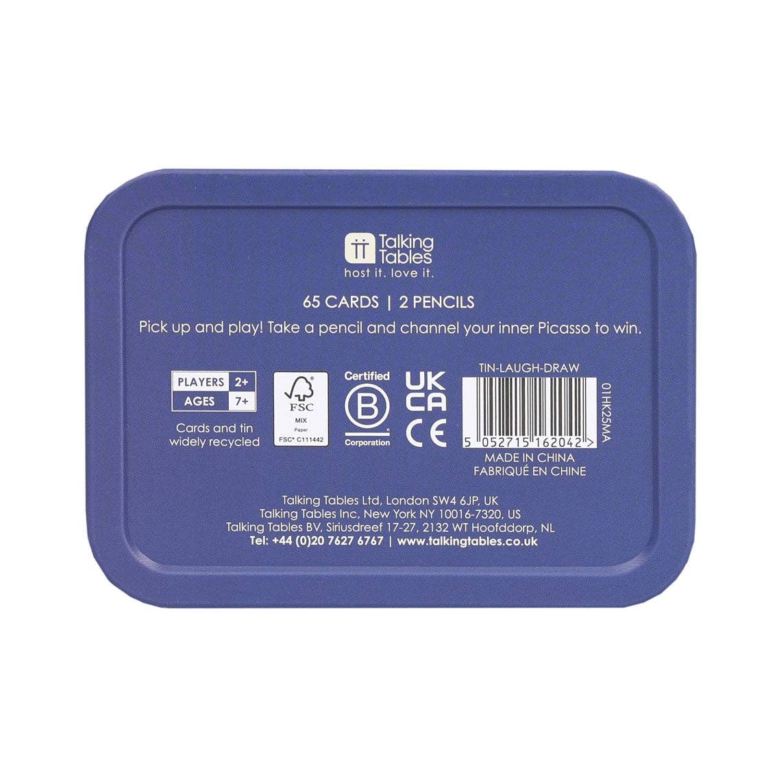 Blue tin back label showing 65 cards and 2 pencils