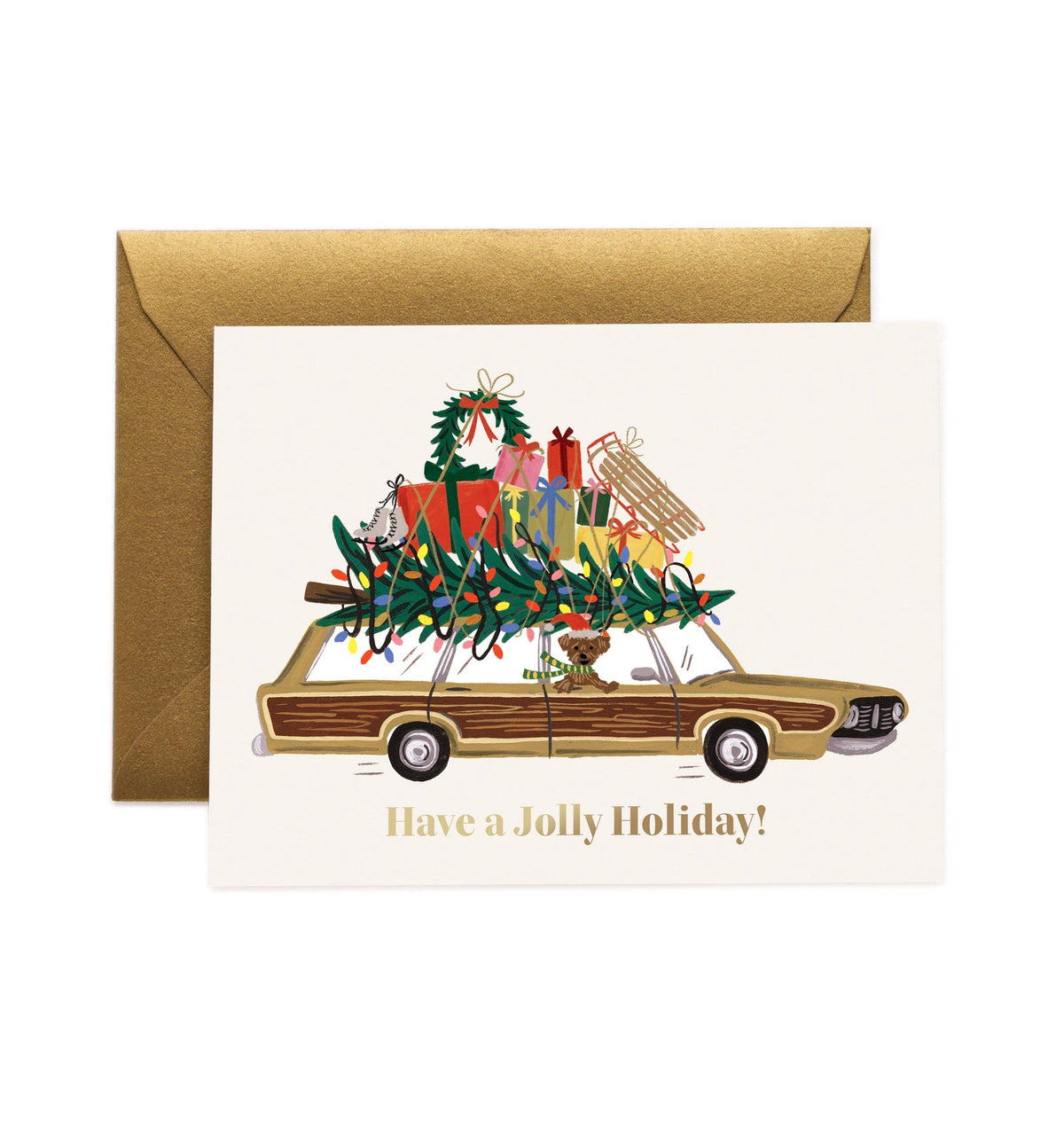 Jolly Holiday wagon greeting card with decorated wagon and tree, 'Have a Jolly Holiday!'