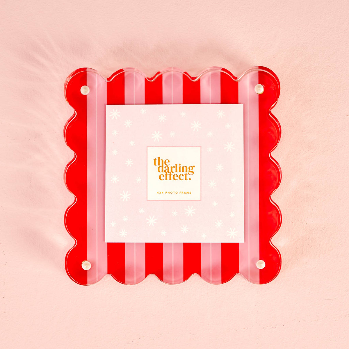 Red and white scalloped acrylic square photo frame with peppermint stripe border