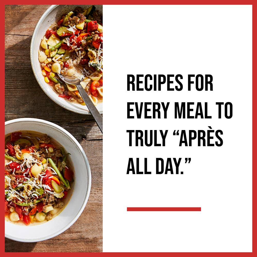 Cookbook cover with two bowls of soup and title, "Après All Day."