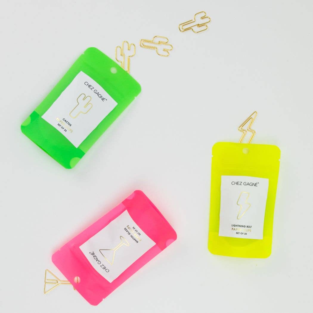 Colorful pouches with gold martini glass paper clips on a white surface