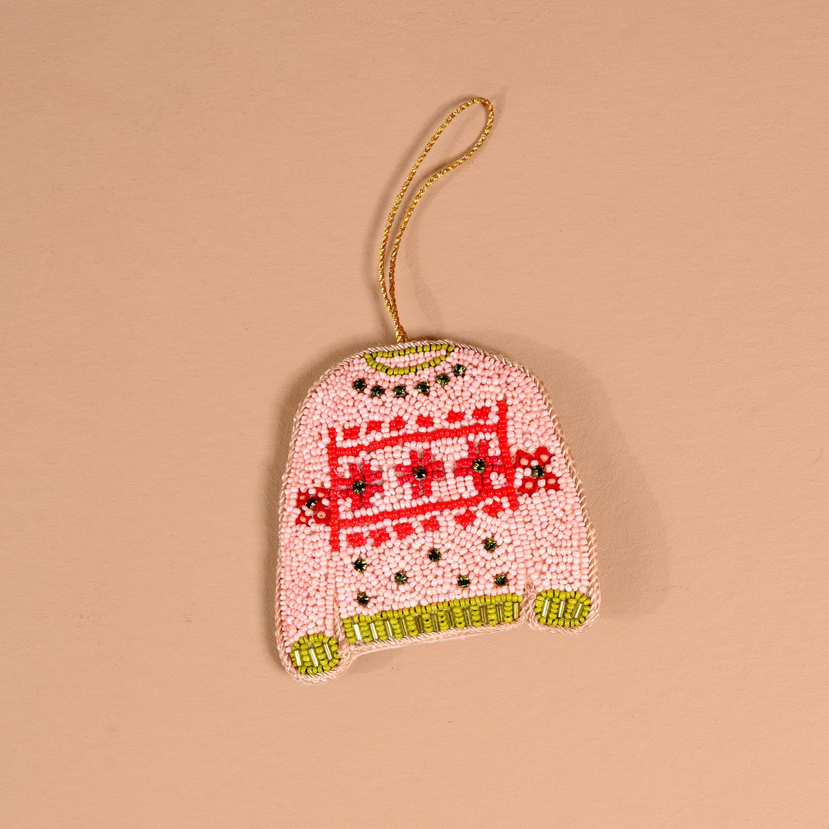 Beaded sweater ornament with pink beadwork and festive red-green stripes, on hanging loop