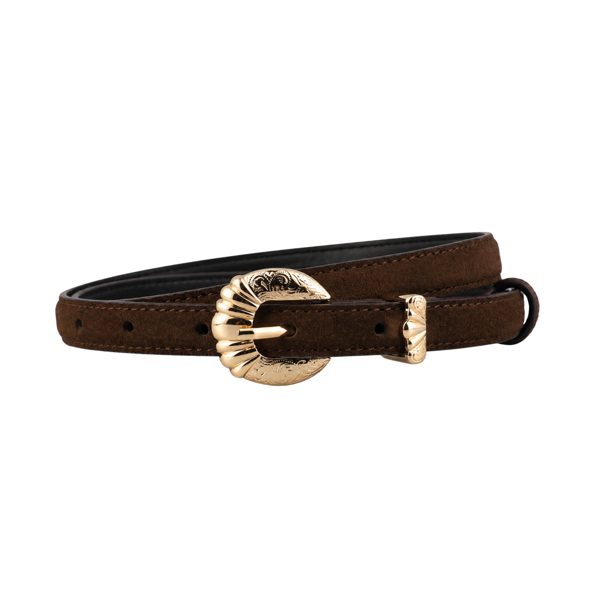 Brown suede belt with large gold-toned sunburst buckle and double-prong closure