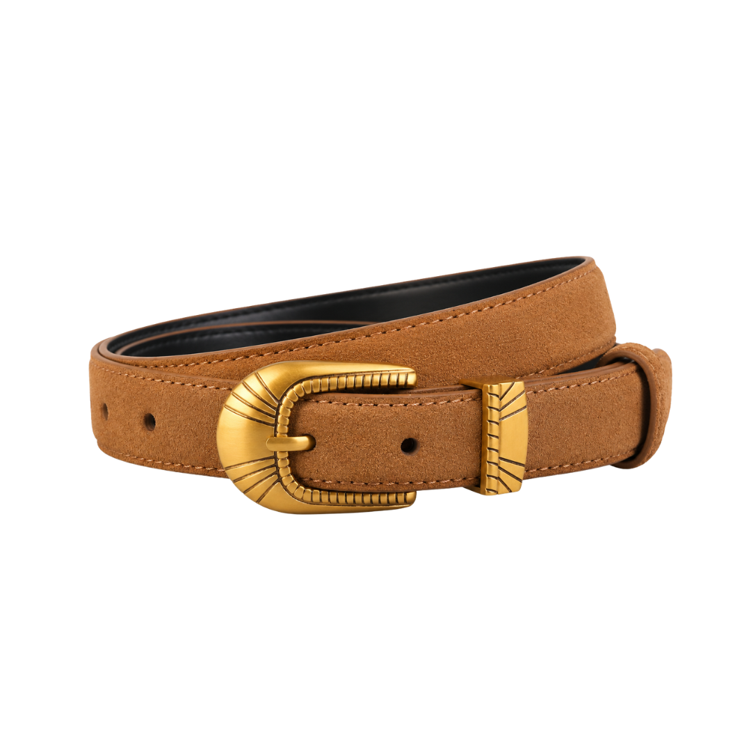 Saddle-brown belt with gold-tone oval buckle and stitched keeper