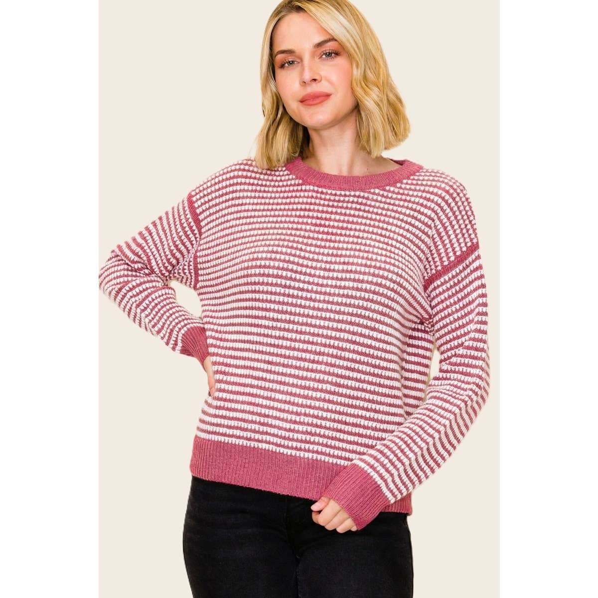 Women’s striped crewneck sweater in pink and white, long sleeves, ribbed cuffs