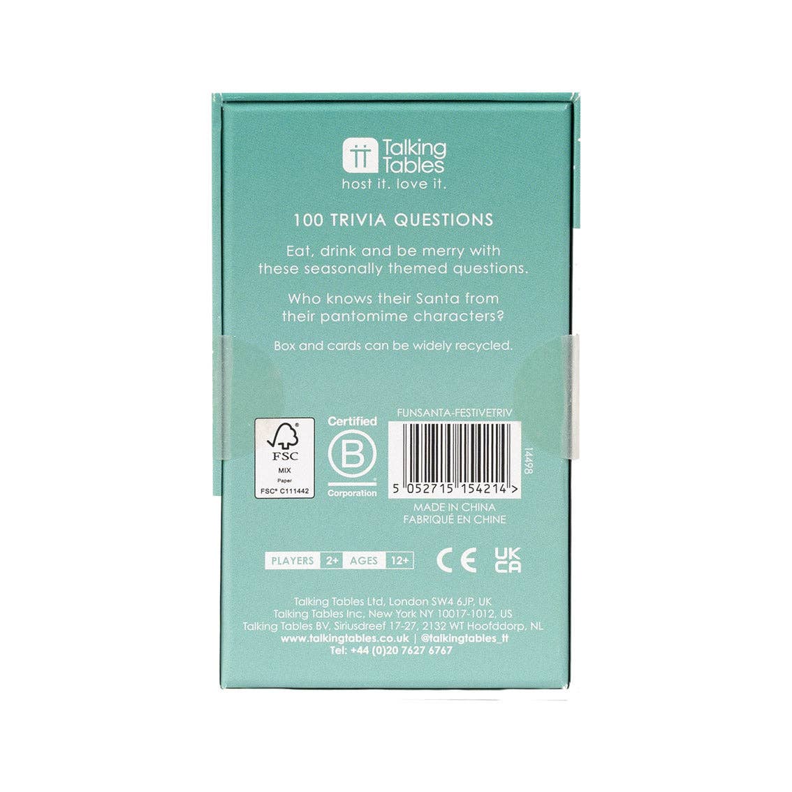 Back of festive trivia game box with “100 trivia questions” info and certification labels