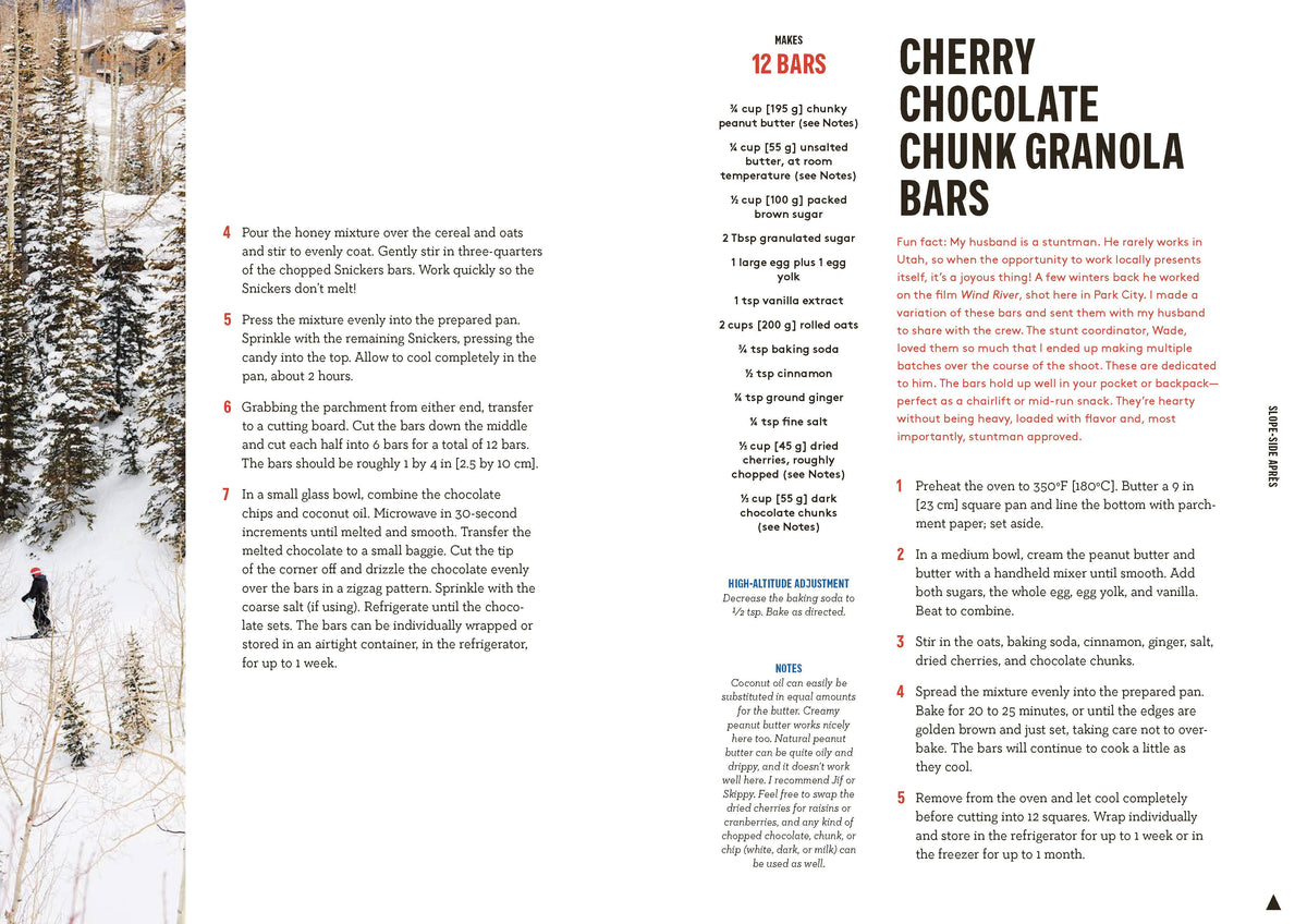 Open cookbook pages with instructions and cherry chocolate chunk granola bars