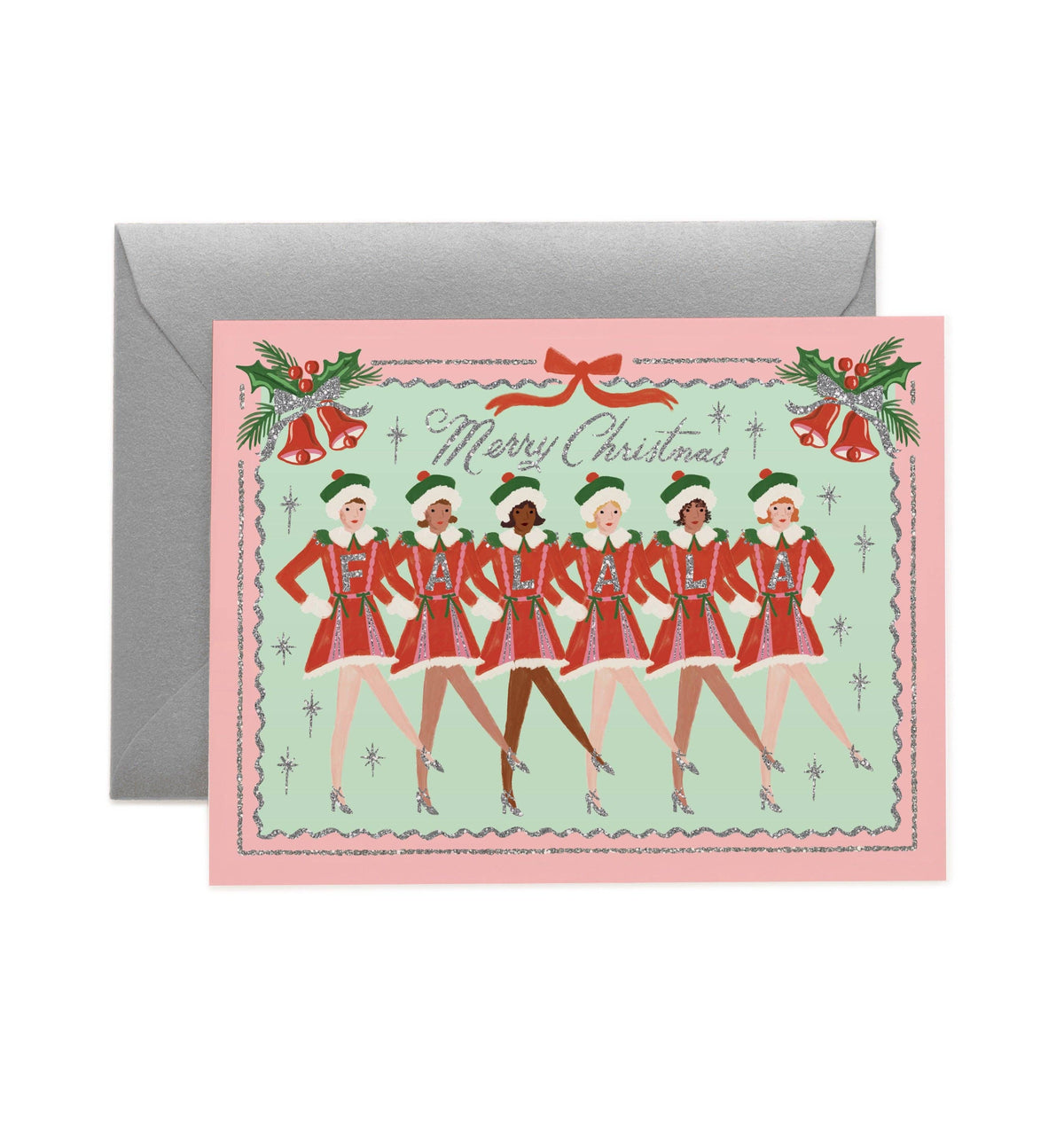 Christmas card with pink border, dancers in red and green, 'Merry Christmas' text