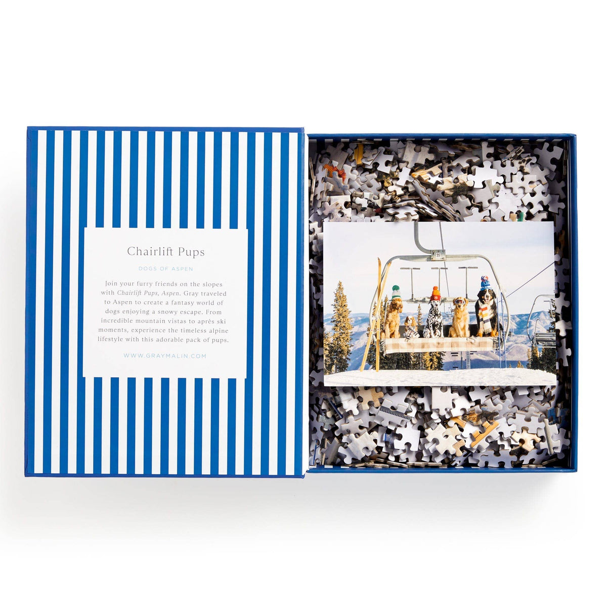 Open 1000-piece jigsaw puzzle box with striped insert and loose puzzle pieces