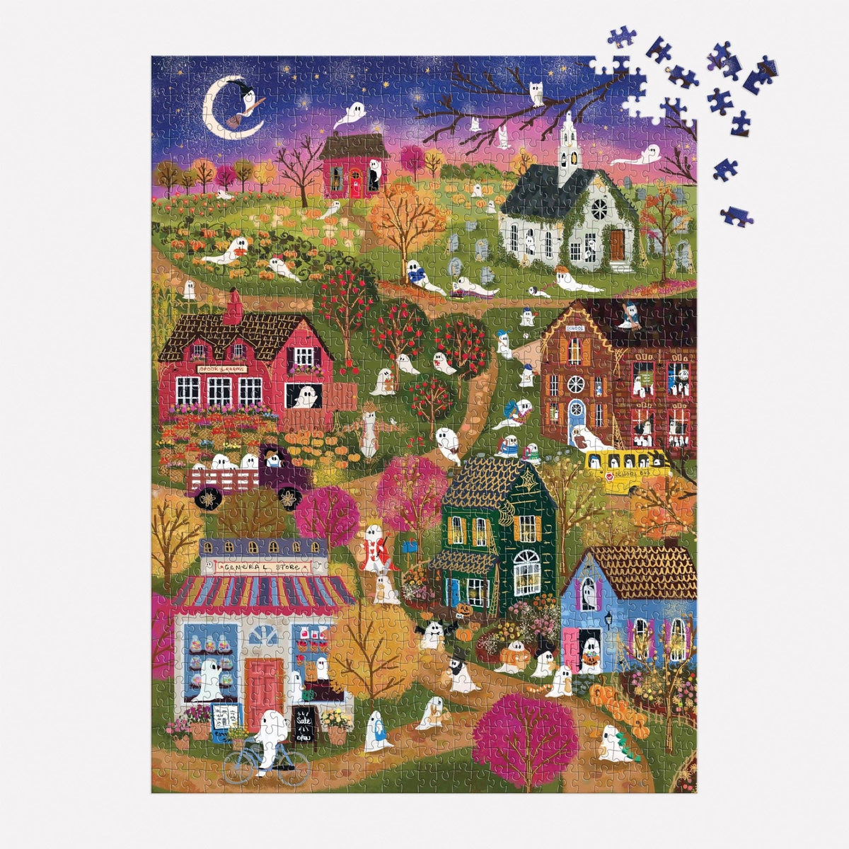 Spooky village foil jigsaw puzzle artwork with a few blue puzzle pieces at the top