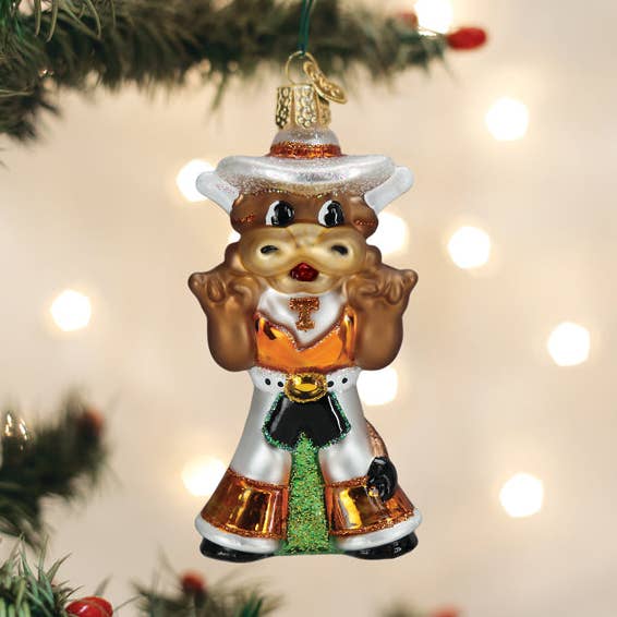 Texas Bevo longhorn ornament with cowboy hat, orange shirt, hanging loop