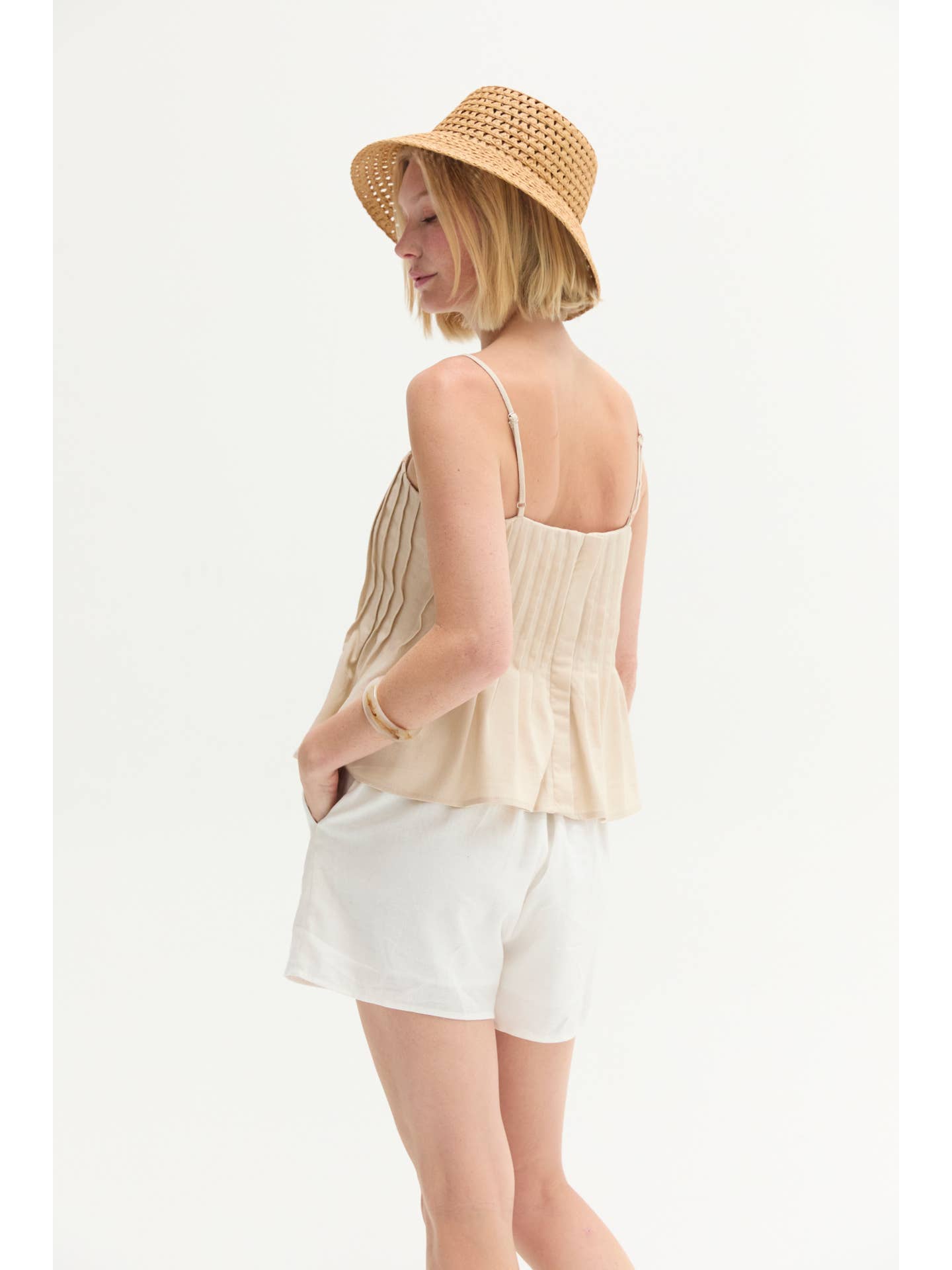 Claudia Pleated Linen Top - Oatmeal
