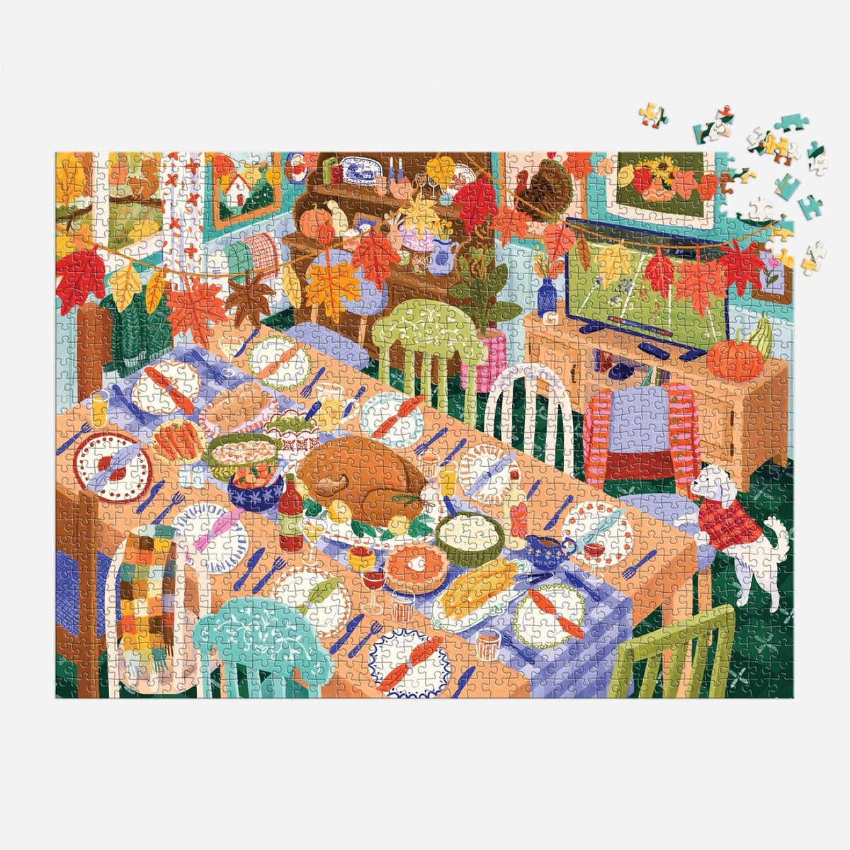 Completed 1000-piece jigsaw puzzle with autumn table image and loose pieces