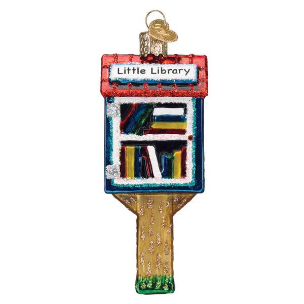 Hanging library ornament with red storefront, multicolor bookshelf, and gold post