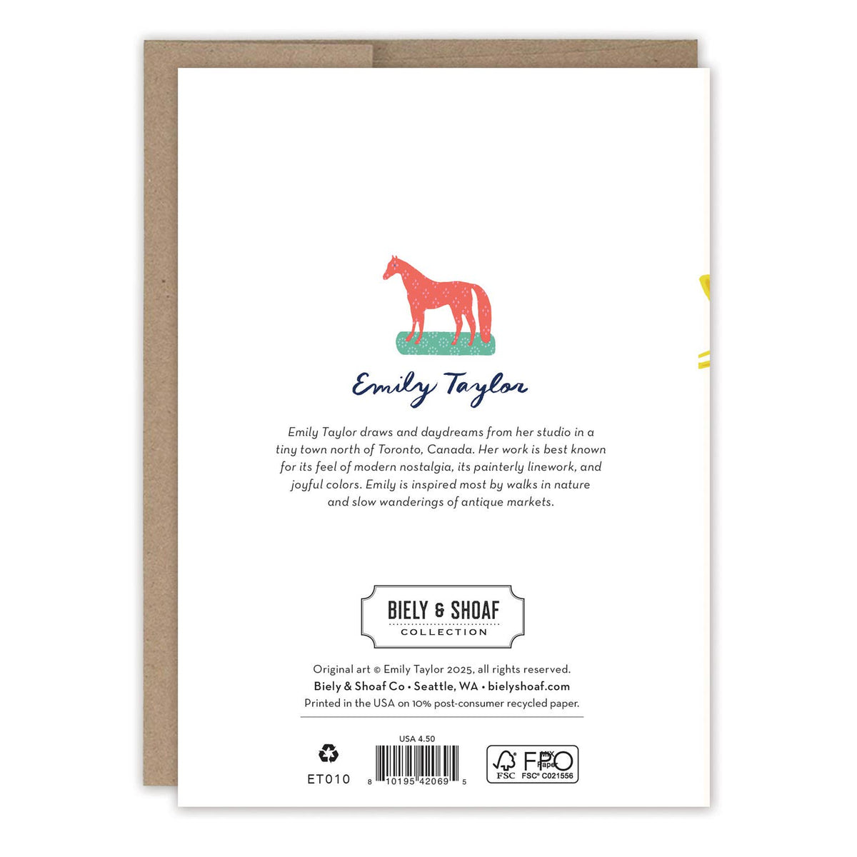 Birthday card back with pink horse icon, Emily Taylor text, and Biely & Shoaf details