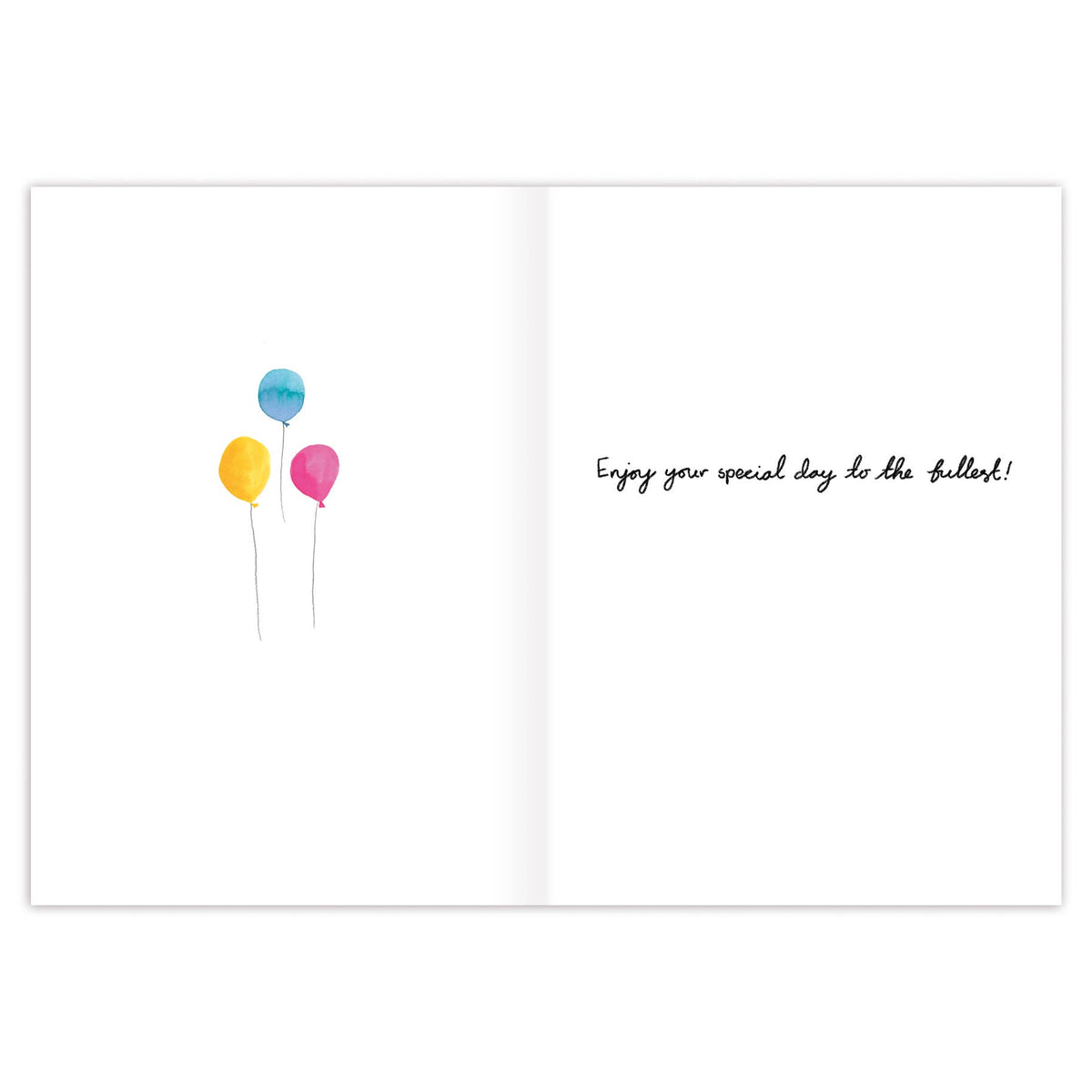 Birthday card interior: white open panel, balloons on left, short greeting message