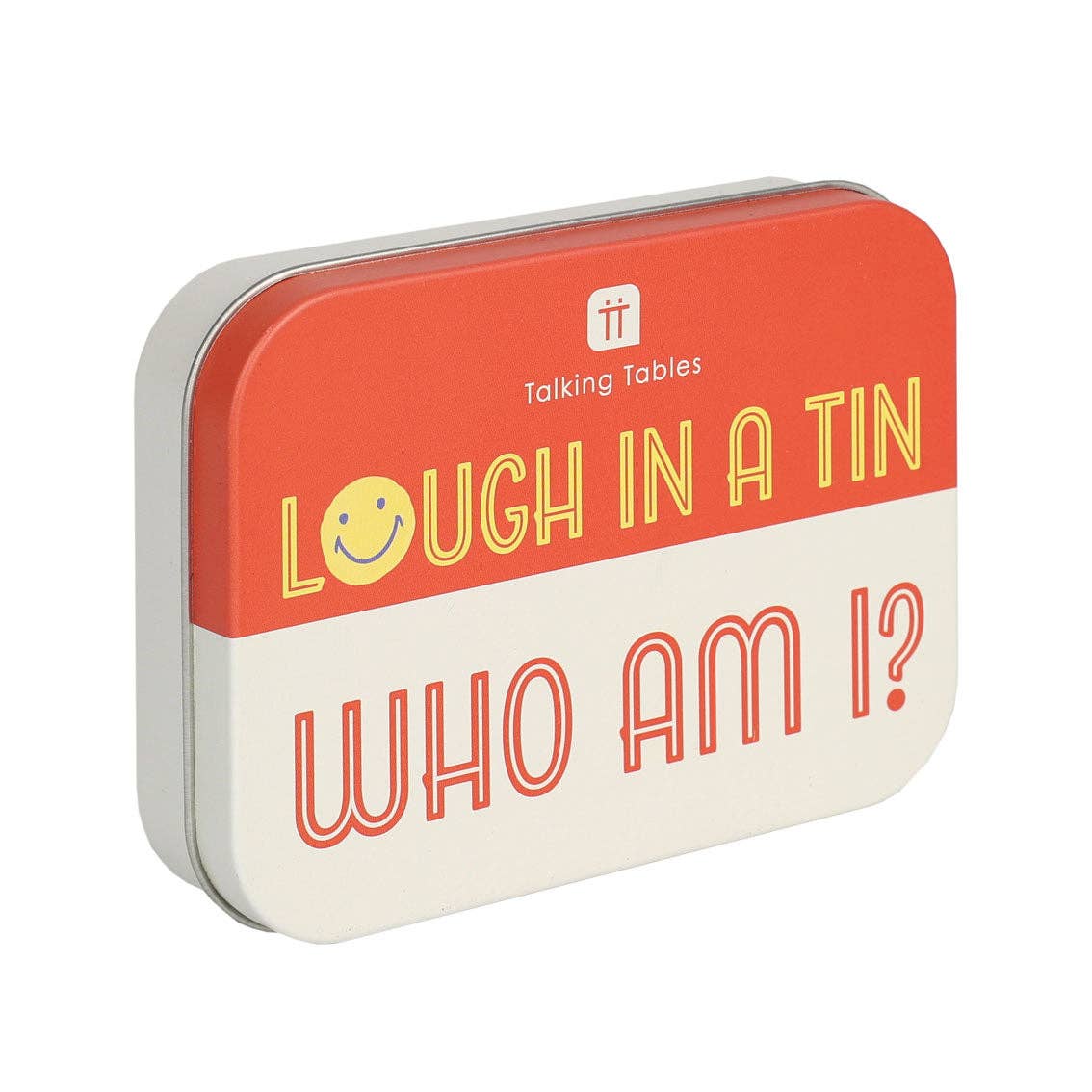 Red and white card game tin labeled Who Am I? with Laugh in a Tin logo