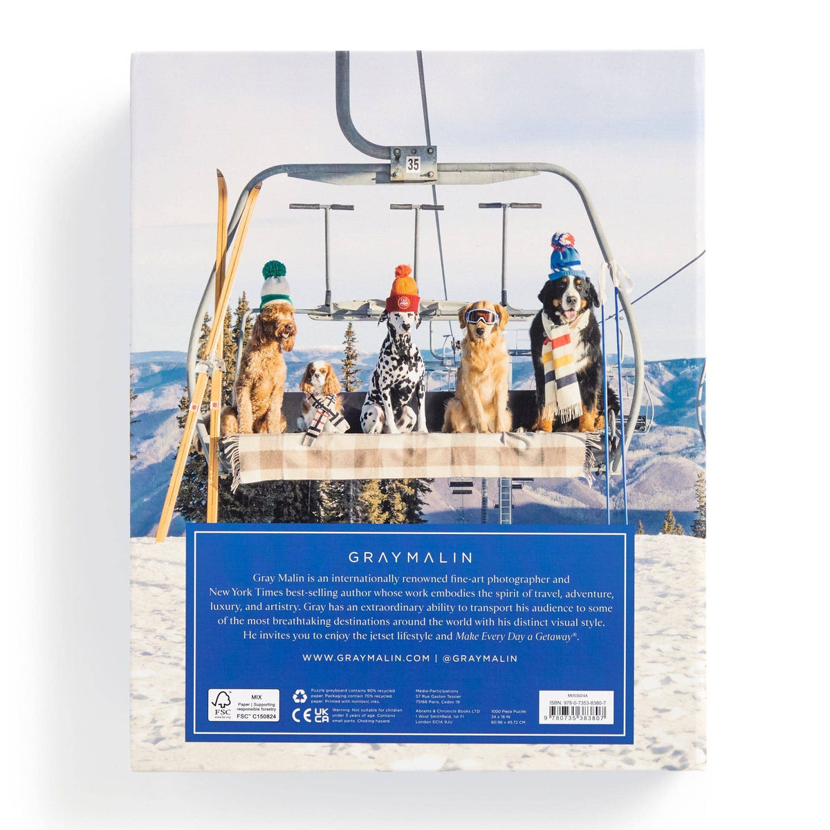 Back of blue 1000-piece jigsaw puzzle box with dogs on a ski chairlift and barcode