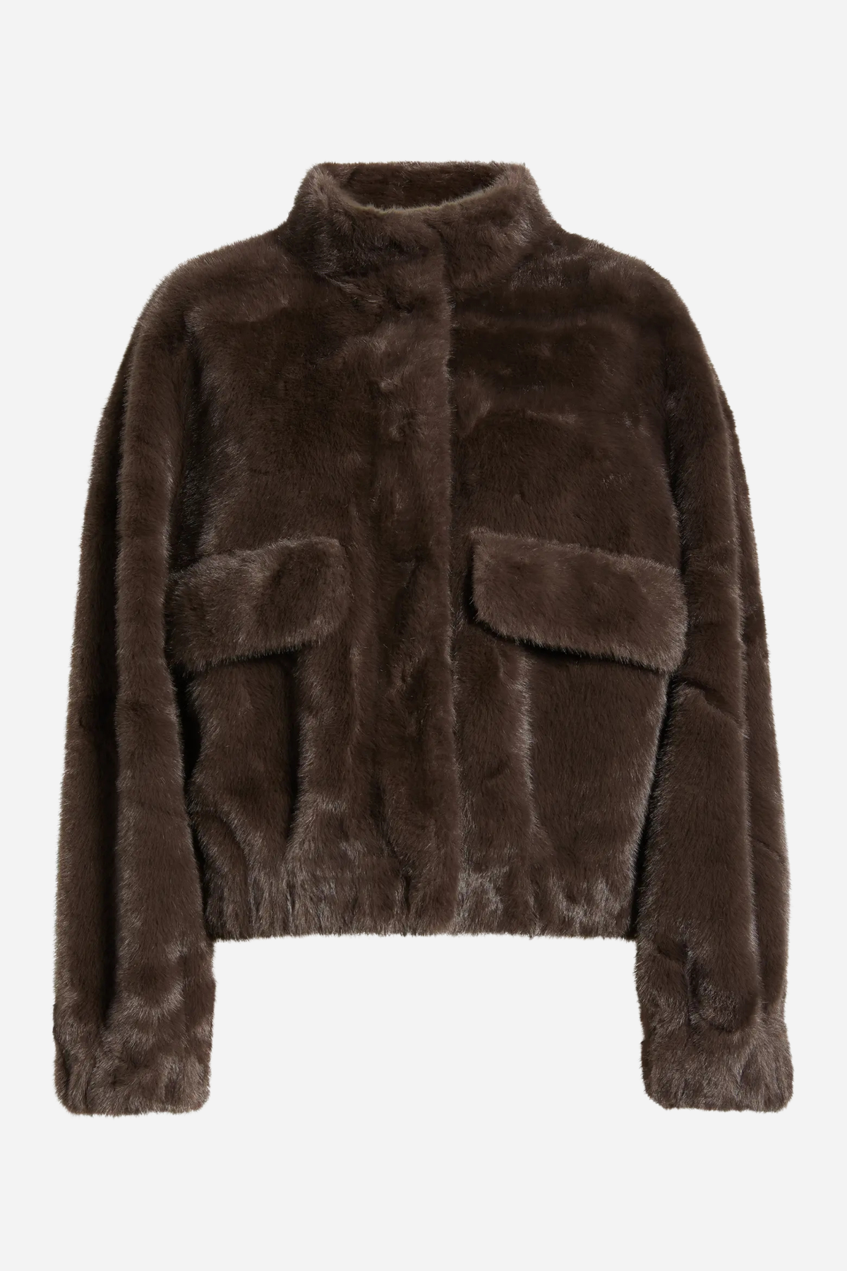 Badet faux fur jacket dark brown, stand collar, center-front seam, flap pockets