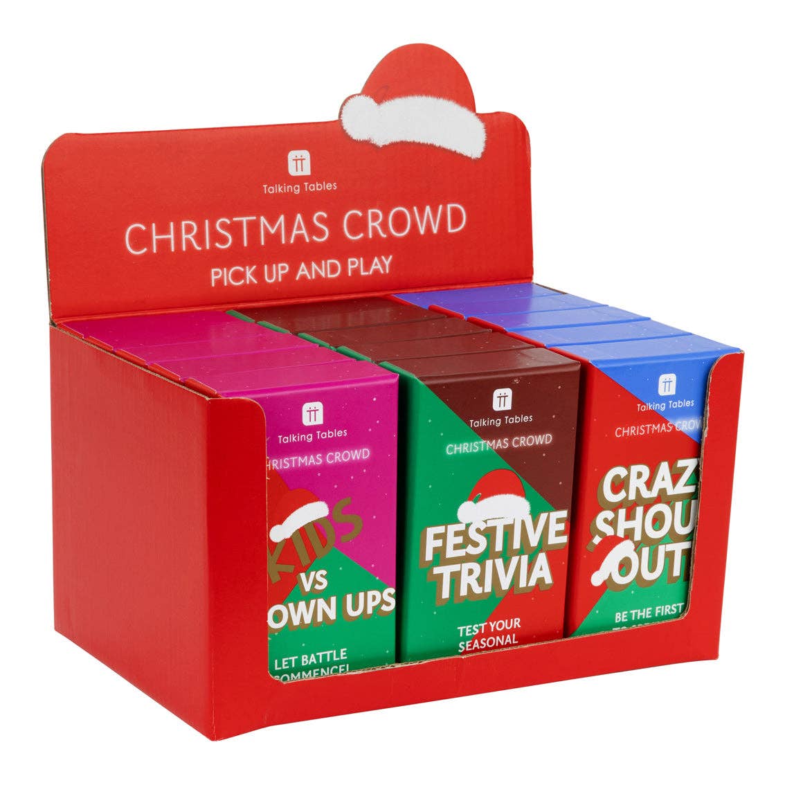 Christmas party game display box with mixed trivia and shout-out themes