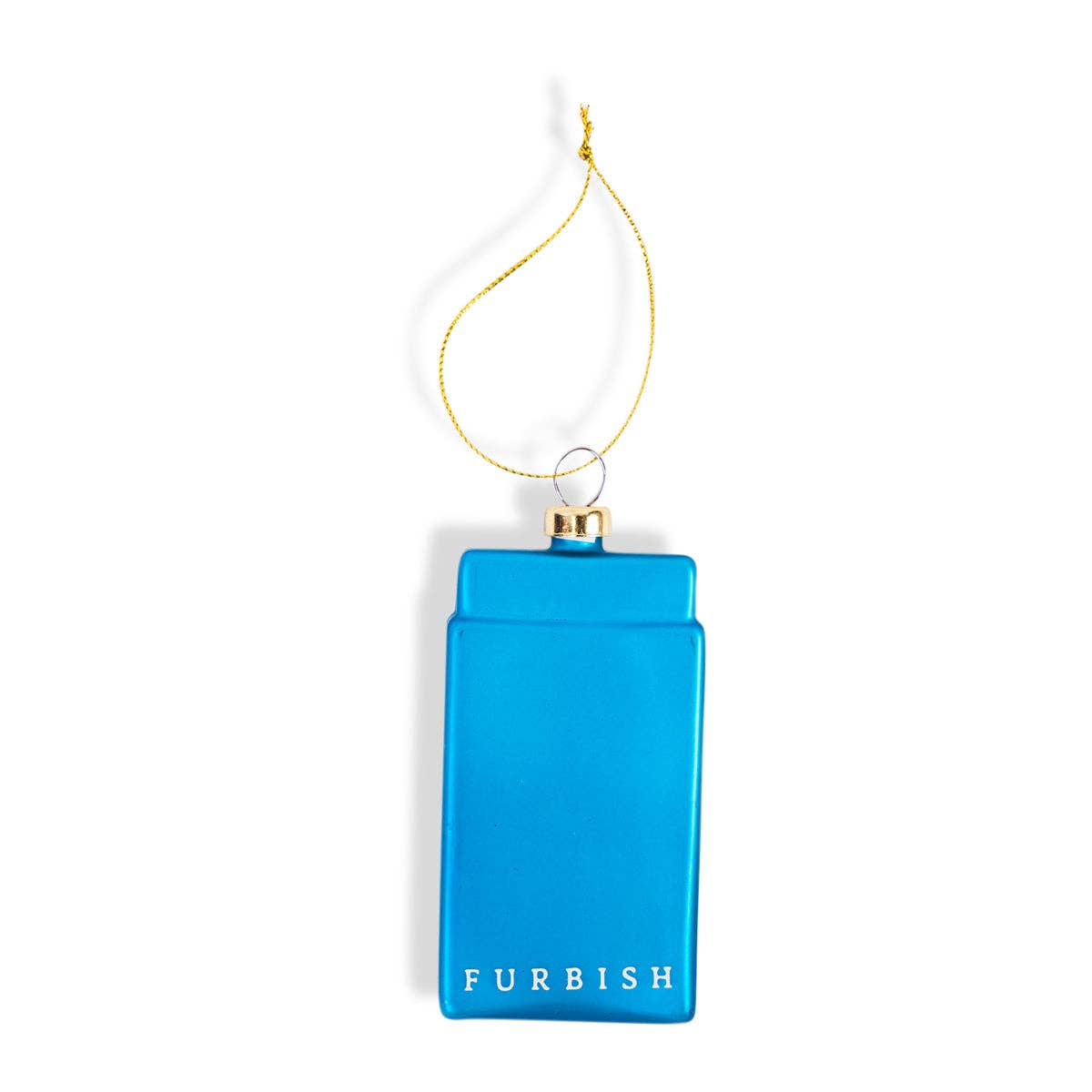 Blue matchbook ornament back with gold cord loop and "FURBISH" mark