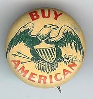 Round “BUY AMERICAN” badge with bird illustration