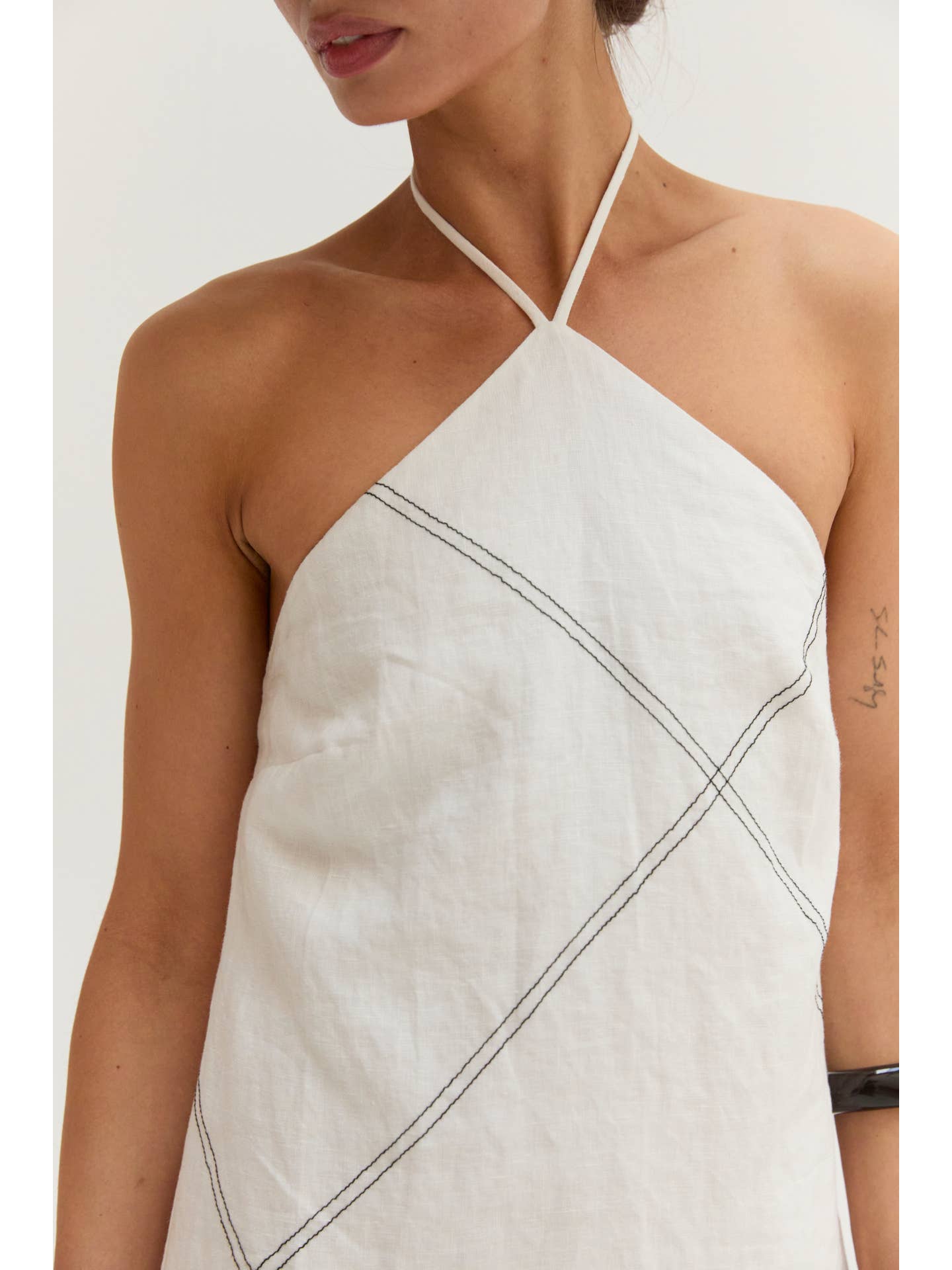 Lena Linen Contrast Stitch Halter Mini Dress