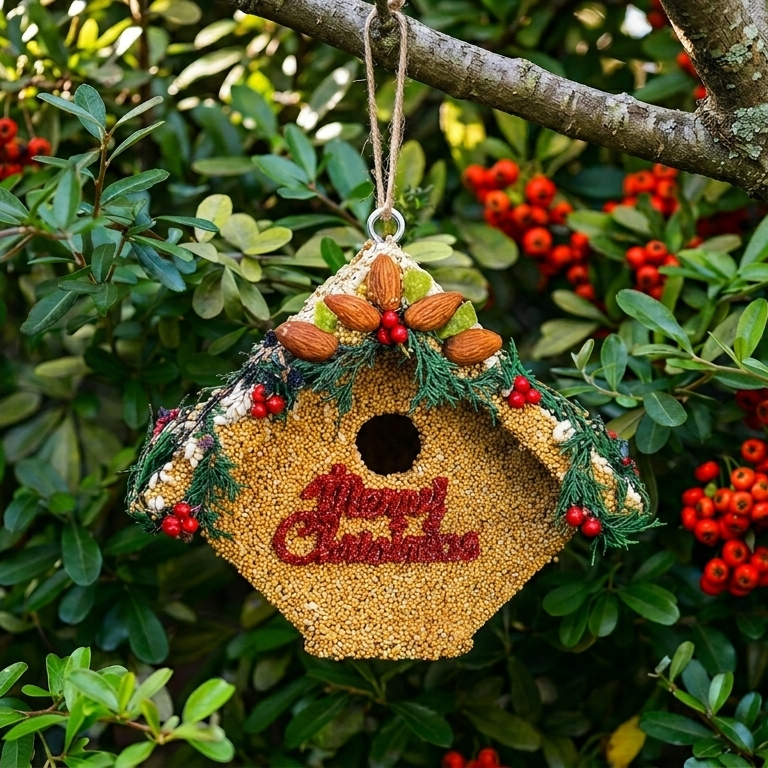 Beaded Christmas ornament pouch with pine, berries, and hanging loop; red “Christmas” text