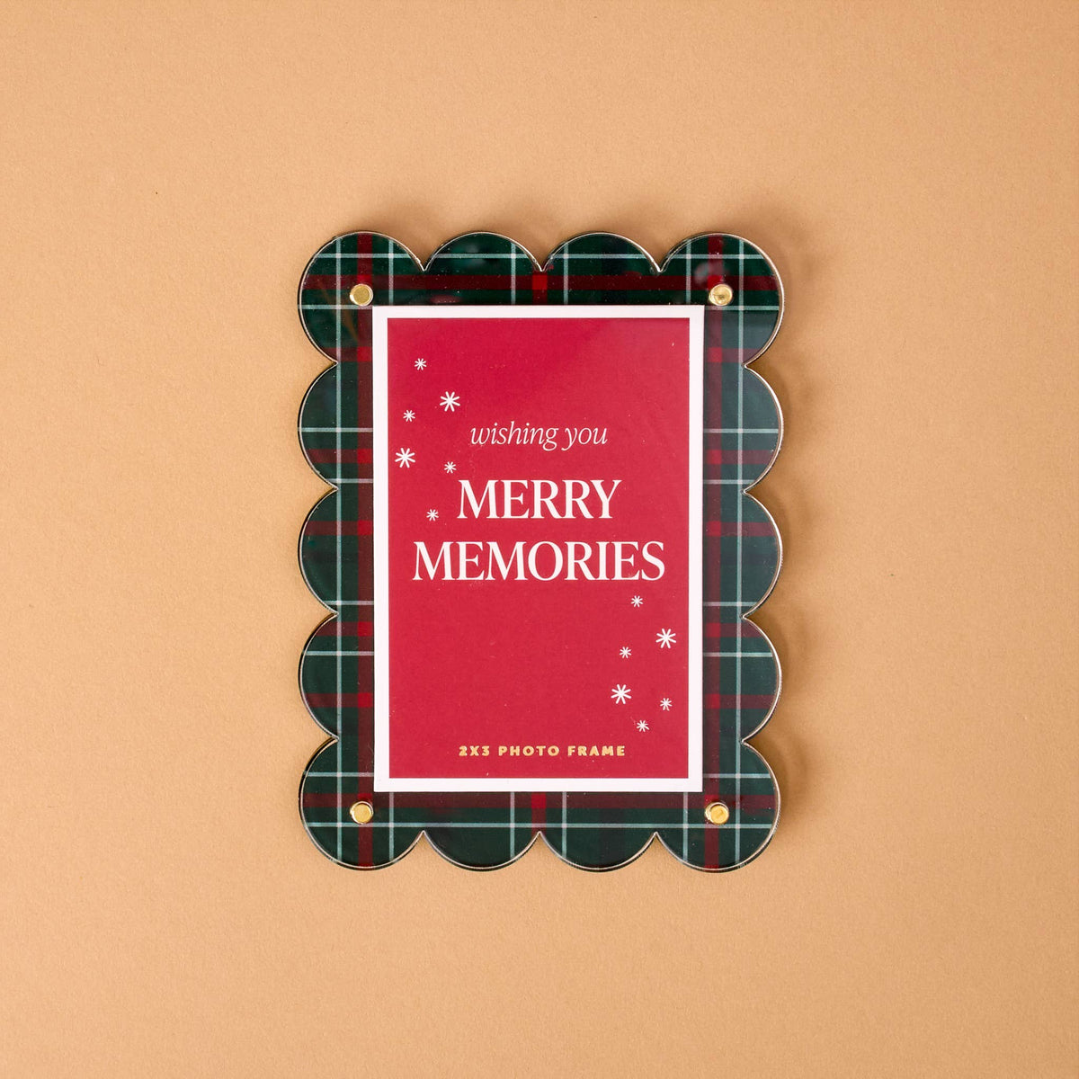 Mini acrylic picture frame magnet with green plaid scalloped border and red card insert
