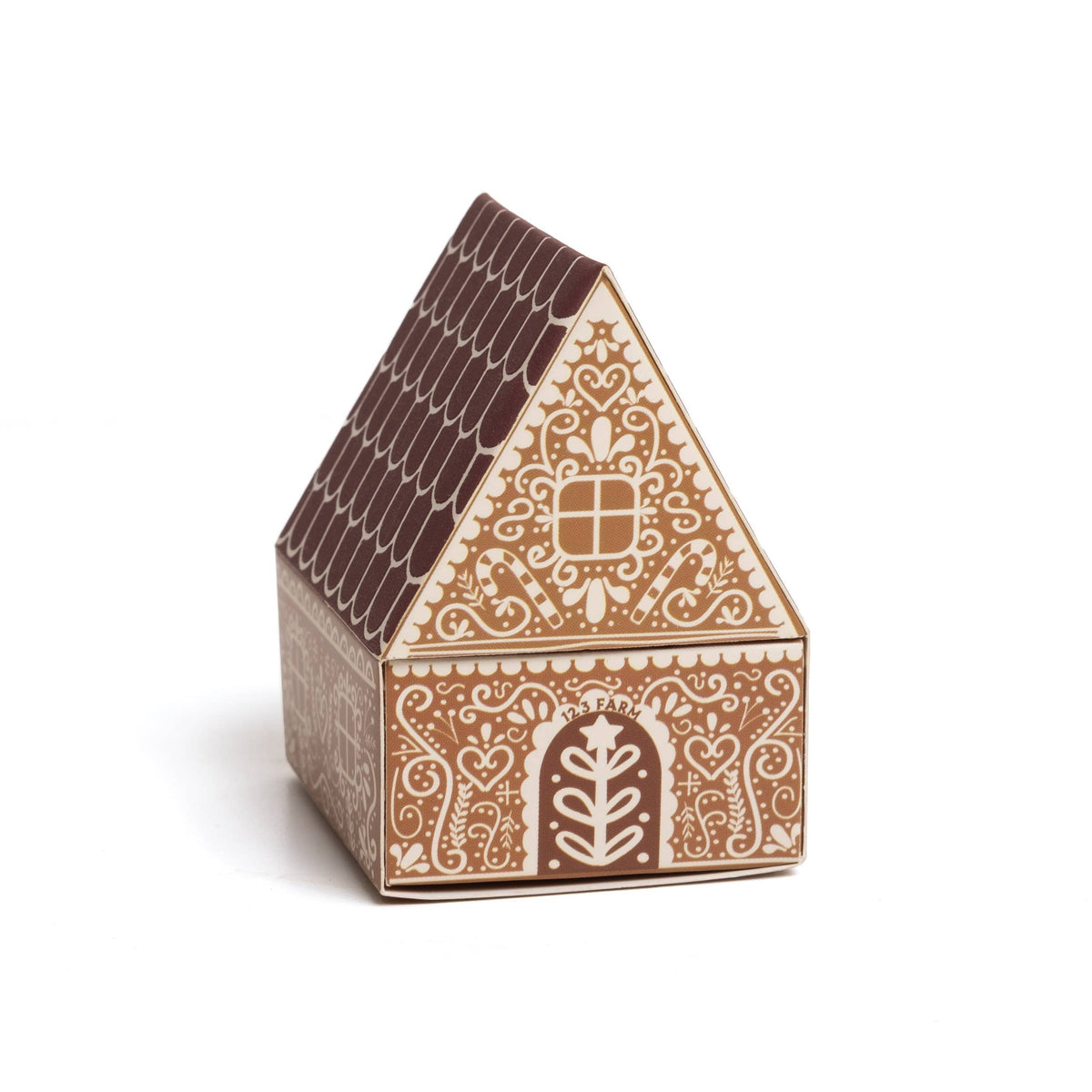 Gingerbread house matchbox with closed roof, door and window gingerbread-style pattern