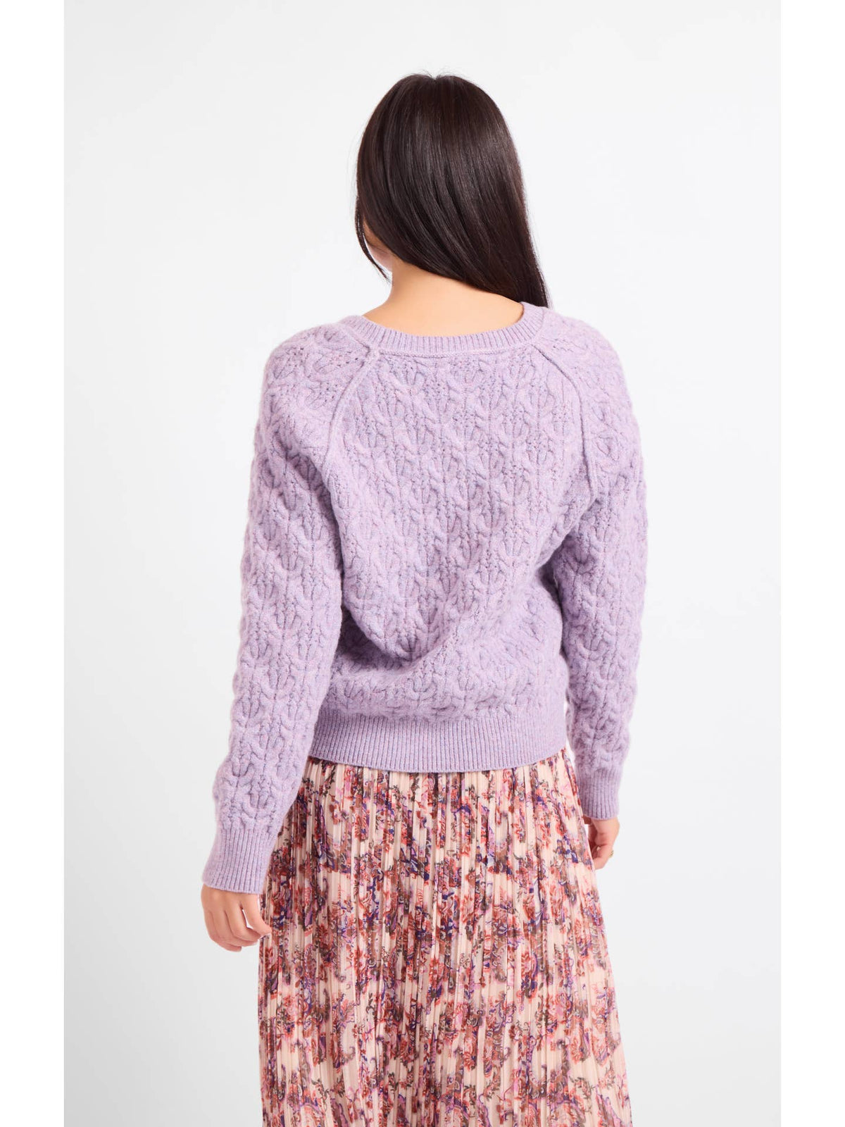 Lavender knit sweater with cable texture, crew neckline, long sleeves (back view)