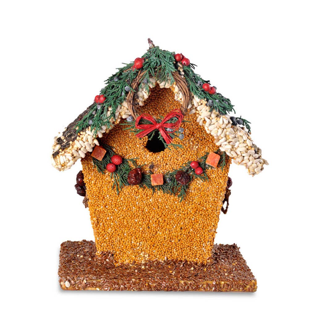 Seed birdhouse ornament with green garland, red bow, berry accents, wood base