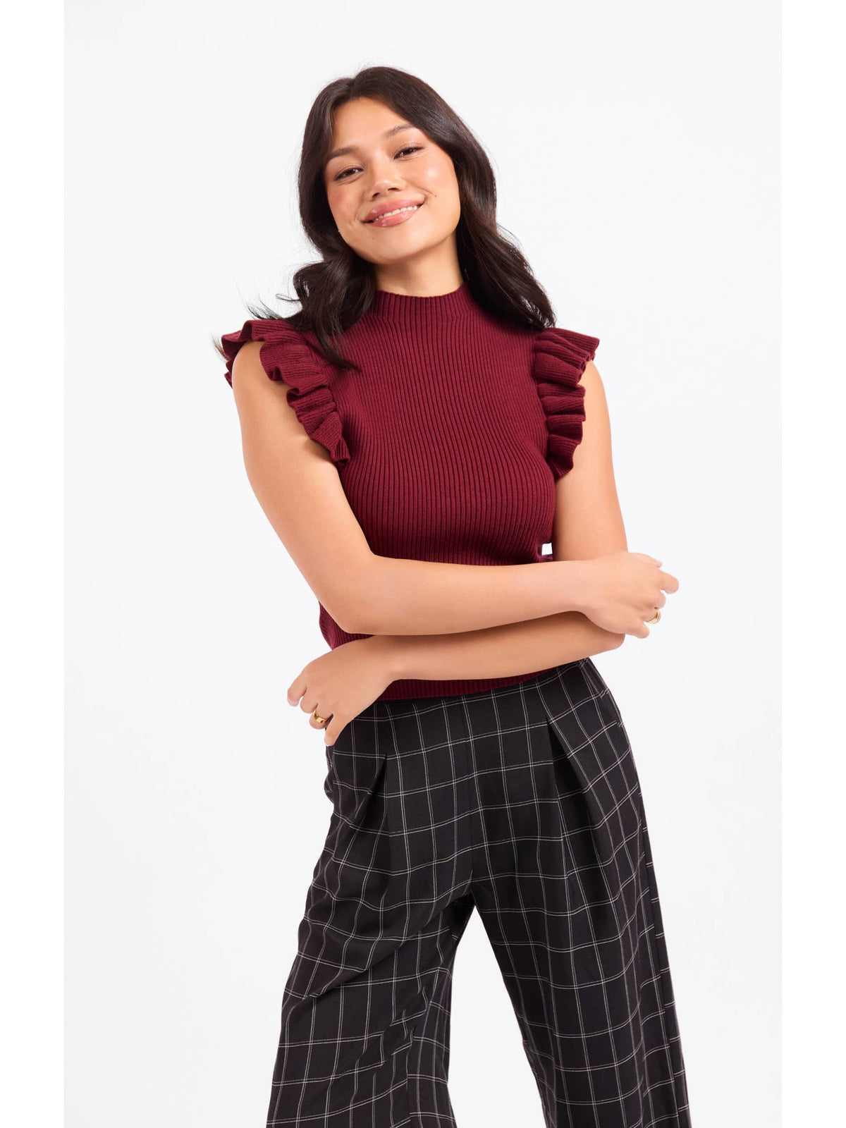 Burgundy mockneck ruffle tank sweater with textured rib knit