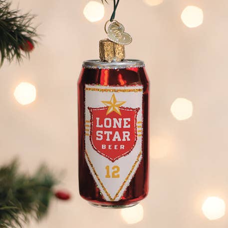 Hanging beer can ornament with red Lone Star label, star icon, gold cap and loop, 12