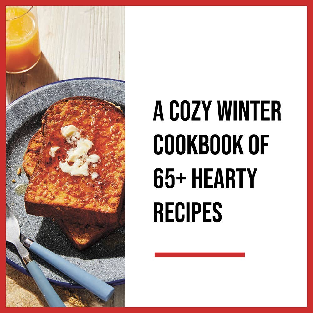 Cozy winter cookbook cover with hearty recipes title and skillet bread photo