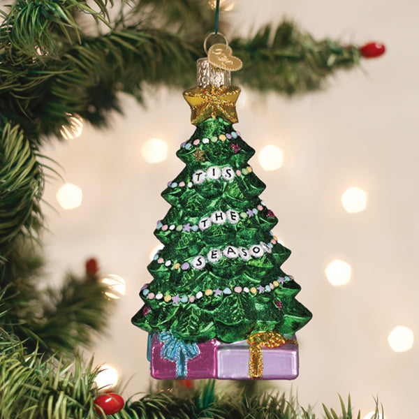 Glitter star-topped green Christmas tree ornament with text beads and hanging loop