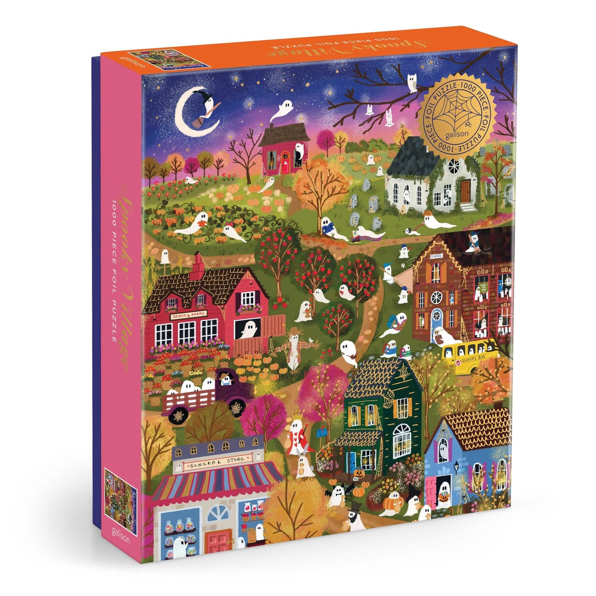 1000-piece foil jigsaw puzzle box with colorful spooky village artwork and moon