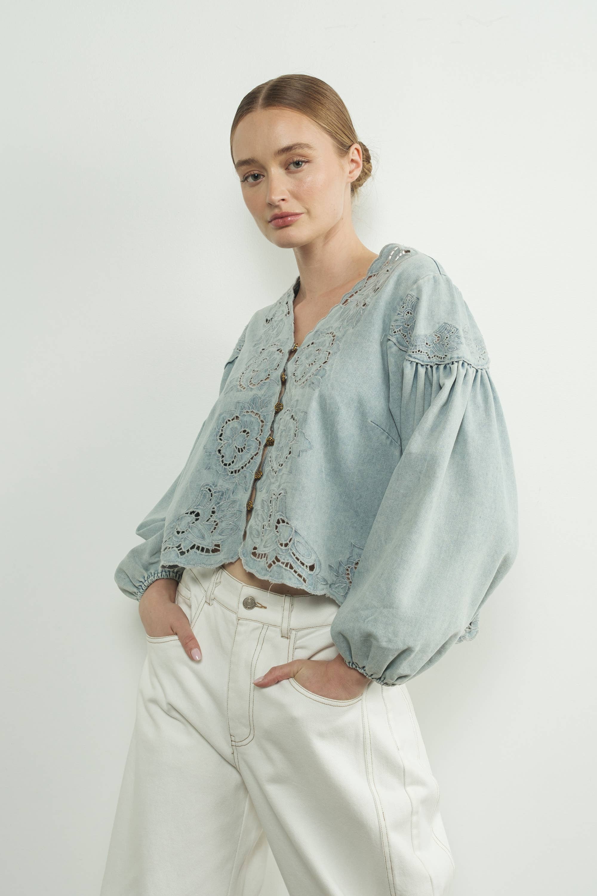 When In Rome Embroidered Blouse - Denim