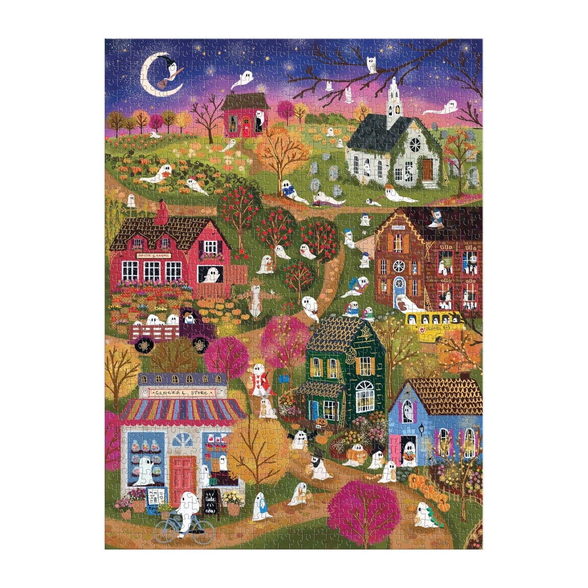 Spooky village foil jigsaw puzzle artwork featuring colorful buildings, trees, and people