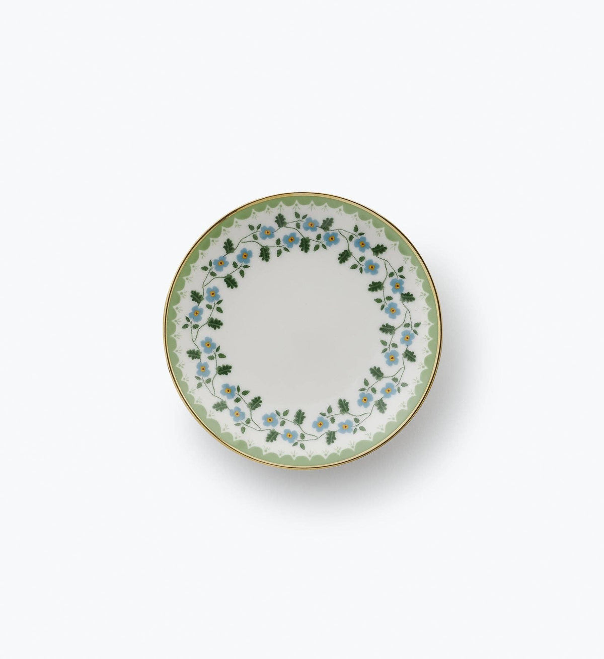 Round porcelain ring dish with green floral wreath border and thin gold rim