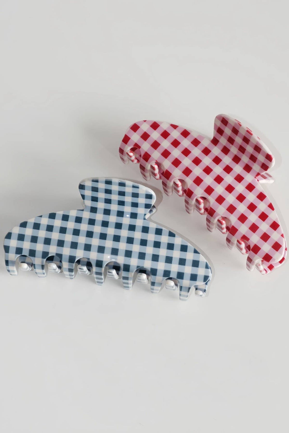 Jumbo oval plaid hair claw clip set, red and blue check patterns