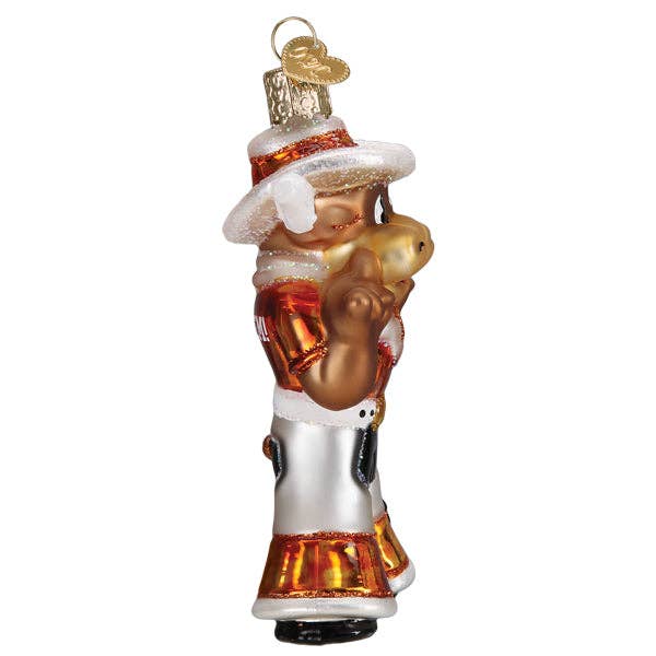 Bevo longhorn ornament side view, cowboy hat and boots detail, hanging loop