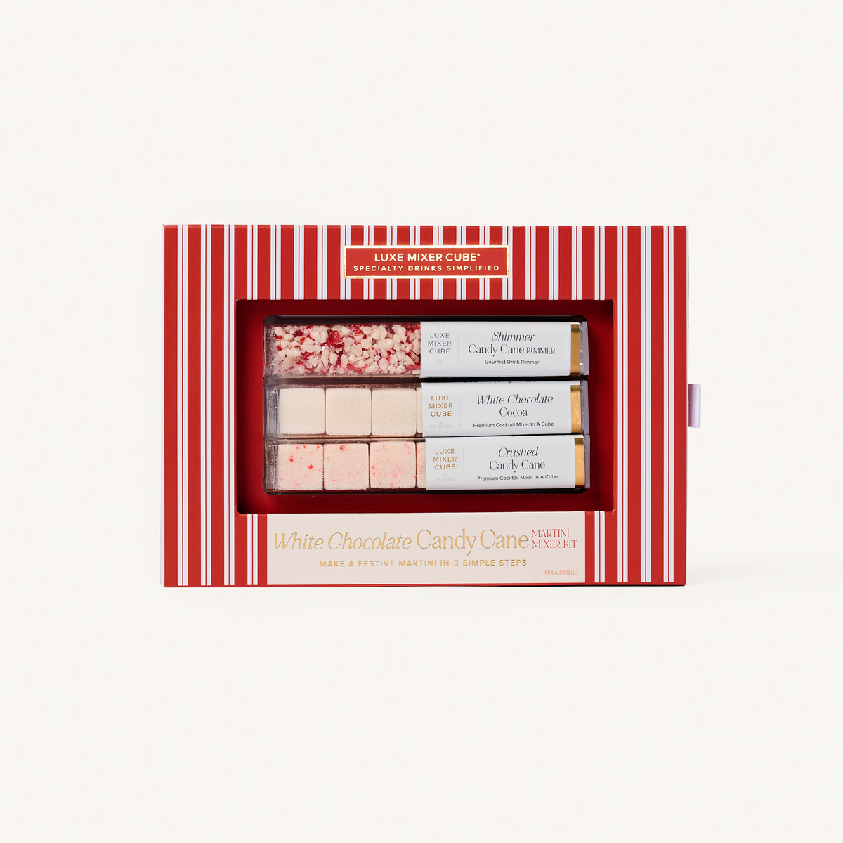 White chocolate candy cane martini kit box with three flavor candy slabs