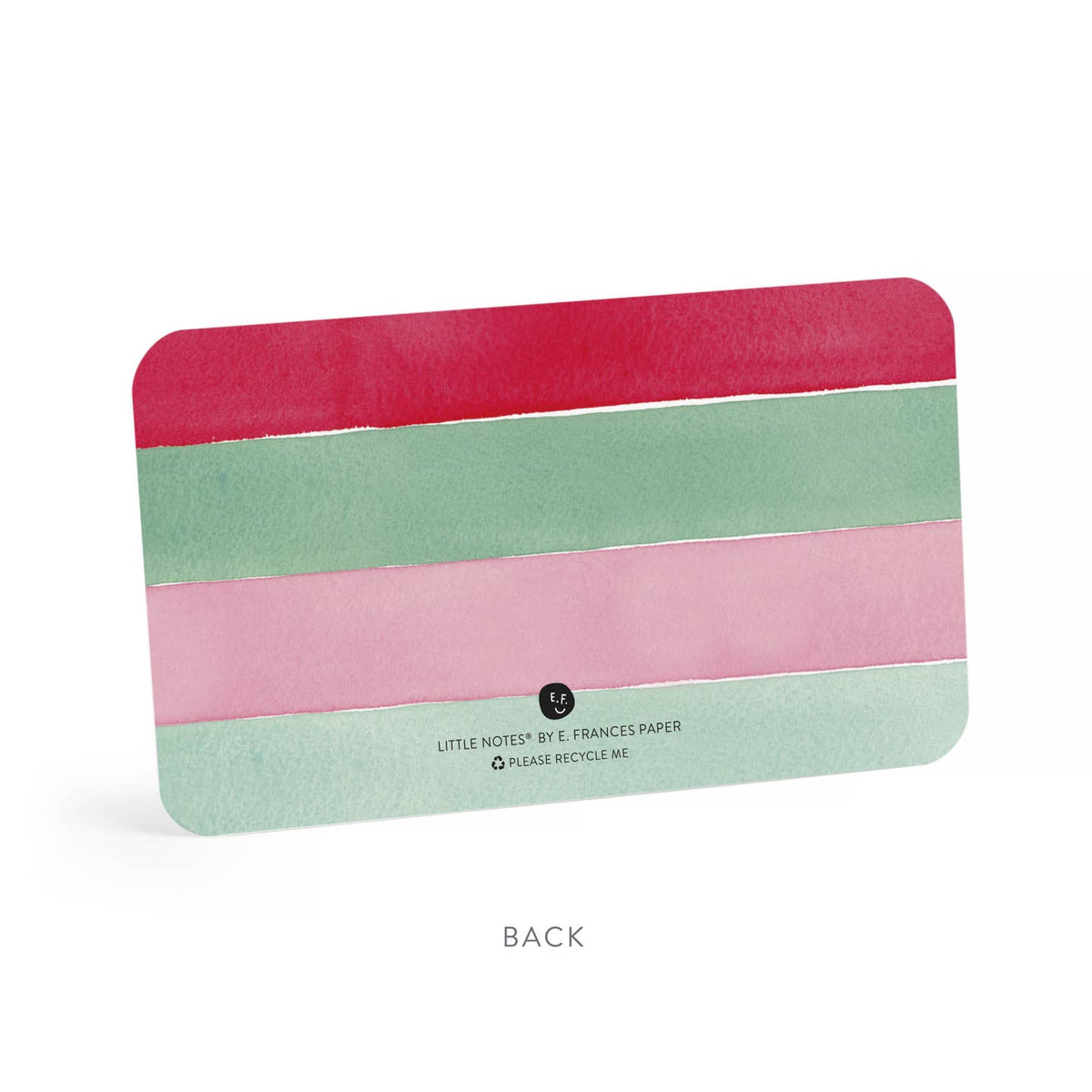 Striped note card back in red, green, and pink with recycling text