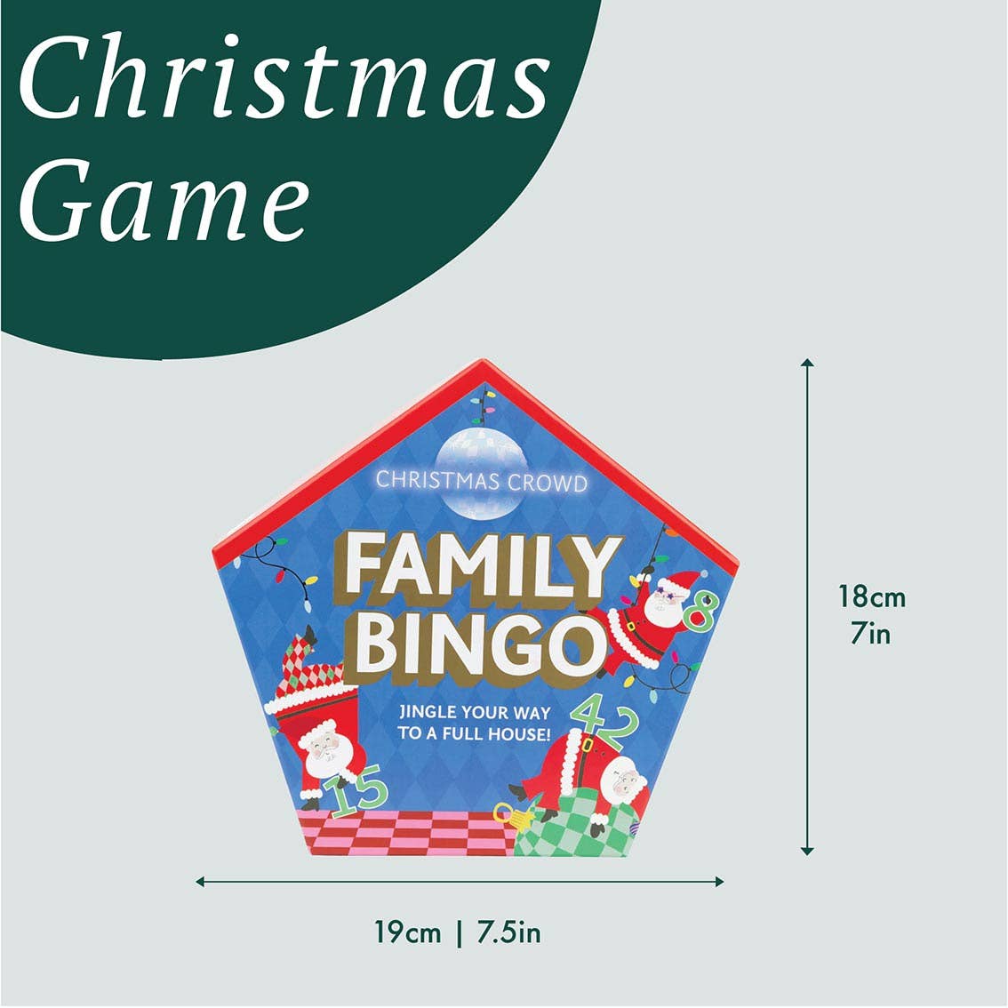 Family Bingo game box with size diagram, showing 19cm by 18cm dimensions