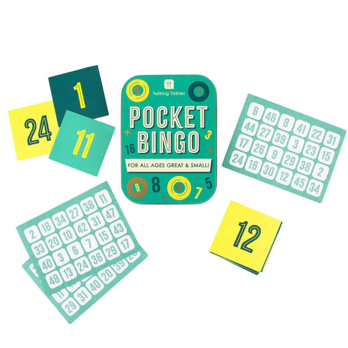 Pocket Bingo talking game cards with number tiles and instruction card