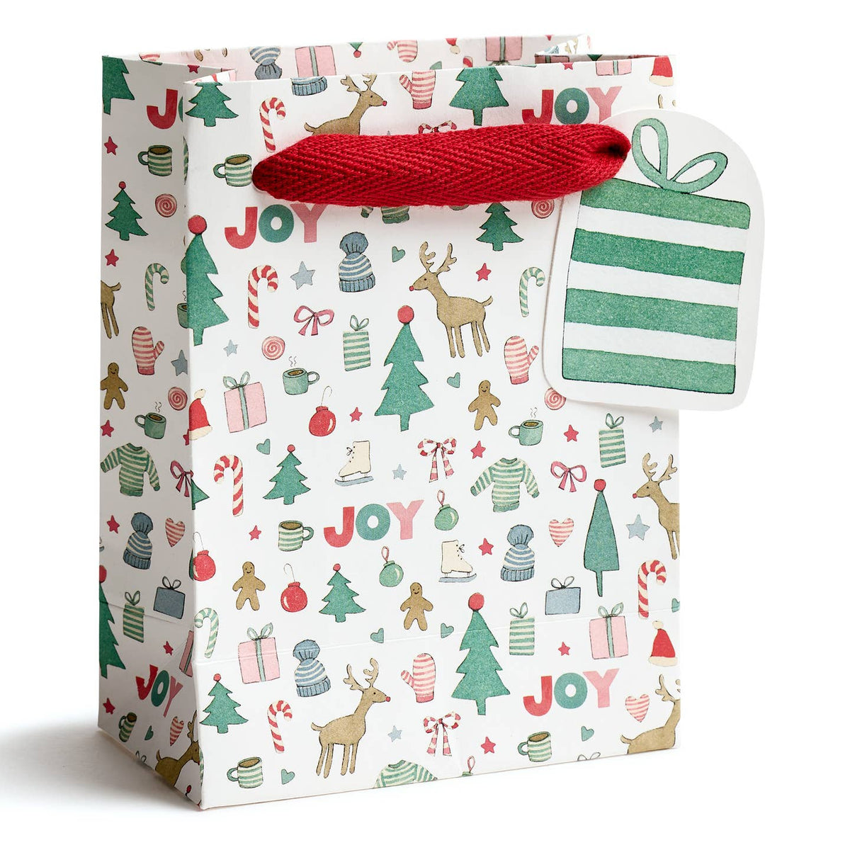 Holiday gift bag with red rope handle and green-and-red joy and ornament pattern