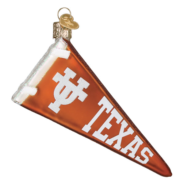 Texas pennant ornament, orange triangular flag with white UT symbol and TEXAS lettering