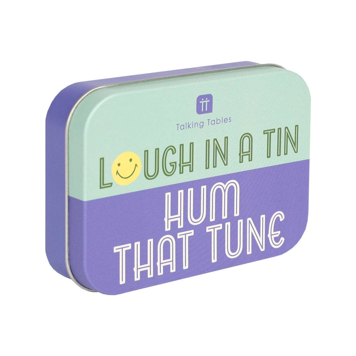 Purple card game tin labeled Hum That Tune with Laugh in a Tin logo