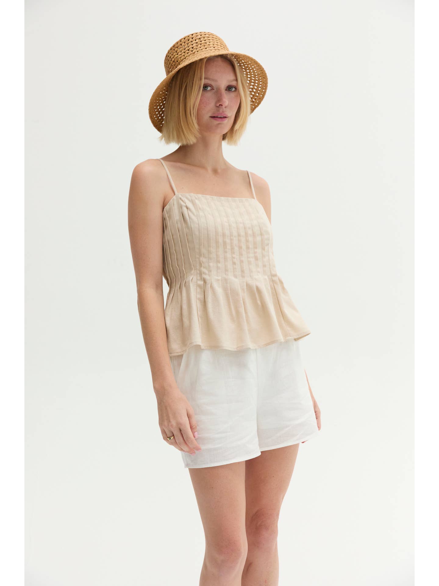 Claudia Pleated Linen Top - Oatmeal